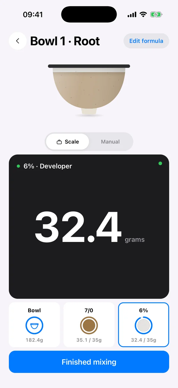 MixMix weighing a bowl: 32.4 grams of 6% developer on the scale